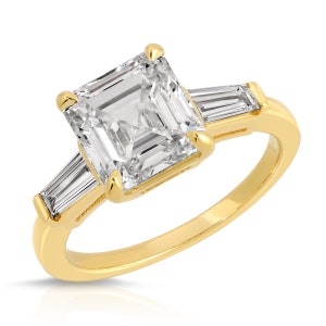 3.69 CT Three Stone Emerald Cut Lab Grown Diamond Engagement Ring with Baguette Side Stones, 14K Yellow Gold, IGI CERTIFIED image 3