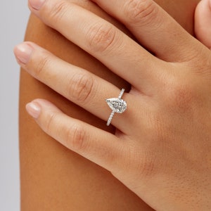 2 CT Classic Hidden Halo Pear Lab Grown Diamond Engagement Ring in 14K White Gold, IGI CERTIFIED