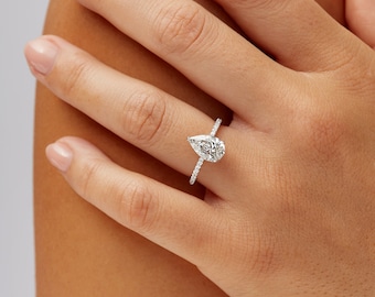 2 CT Classic Hidden Halo Pear Lab Grown Diamond Engagement Ring in 14K White Gold, IGI CERTIFIED