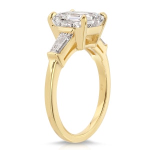 3.69 CT Three Stone Emerald Cut Lab Grown Diamond Engagement Ring with Baguette Side Stones, 14K Yellow Gold, IGI CERTIFIED image 5