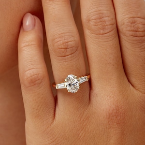 2.20 CT Three Stone Oval Lab Grown Diamond Engagement Ring with Baguette Side Stones, 14K Yellow Gold, IGI CERTIFIED