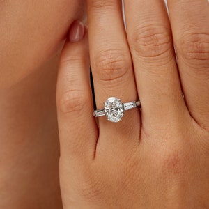 2.44 CT Three Stone Oval Lab Grown Diamond Engagement Ring with Baguette Side Stones, 14K White Gold, IGI CERTIFIED
