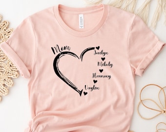 Custom Mama Shirt With Kids Names: Personalized Mom Heart Tee