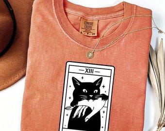 Tarot Card Black Cat Comfort Colors® Shirt, Tarot Death T-Shirt, Witchy Cat Shirt, Spooky Cat Gift, Halloween Black Cat Shirt,Cat Lover Gift
