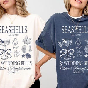 Personalized Bachelorette Party Comfort Colors Tee: Seashells & Wedding Bells