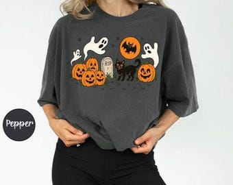 Halloween Black Cat Ghost Comfort Colors Shirt - Spooky Season Tee