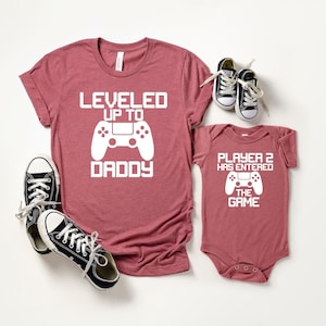 Gamer Dad & Baby Matching Shirt Set: Leveled Up to Daddy, Player 2