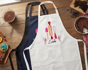Personalized Linen Apron: Custom Floral Cooking Apron with Pocket