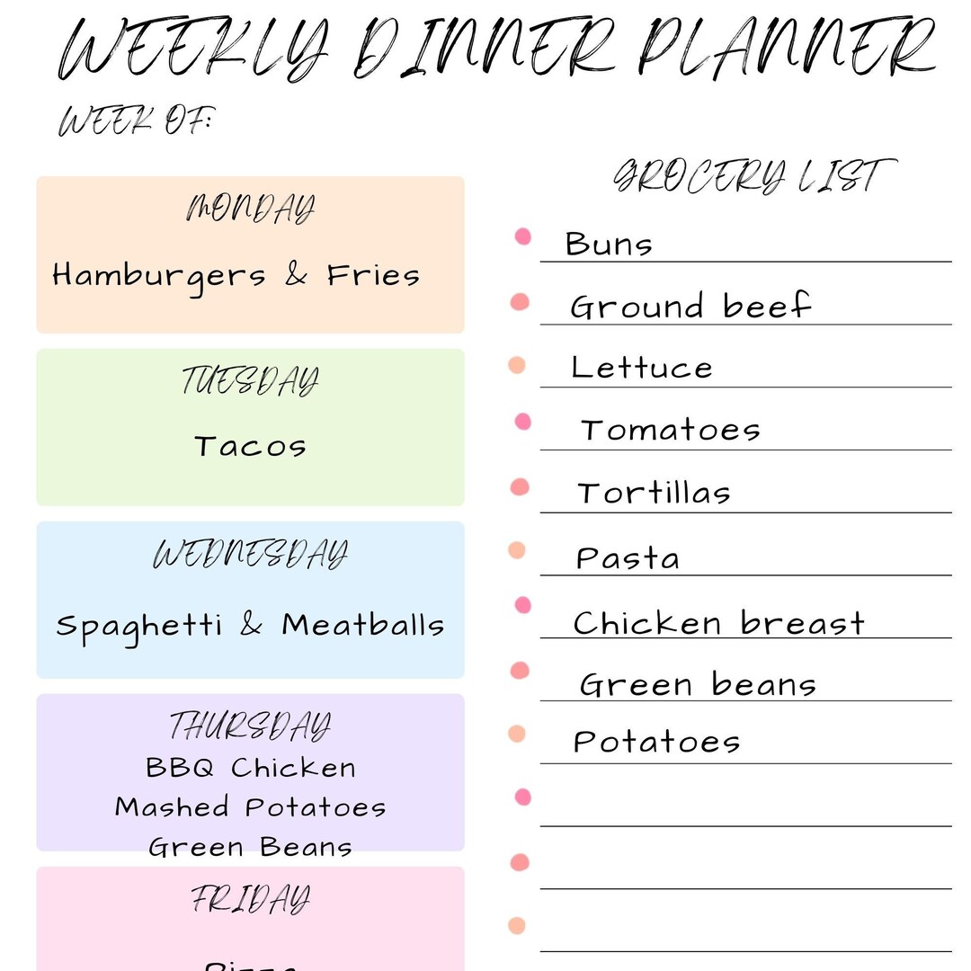Dinner Planner, Printable Meal Planner, Meal Planner With Grocery List