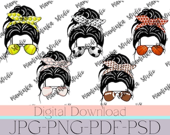 Sports Mama Bundel, Sports Mom Bun, Digital Image, Sports PNG image, Digital Download Honkbal, Voetbal, Basketbal, Softbal en Voetbal