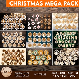 May include: A digital download pack of 147 Christmas ornament designs for laser cutting. The designs include letters of the alphabet, various Christmas themes, and a variety of other designs. The designs are in SVG, CDR, DXF, AI, EPS, PDF, and DWG formats.