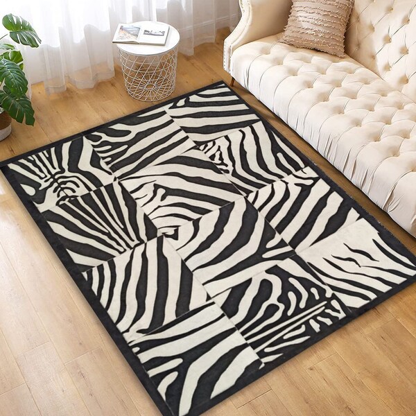 Zebra Printed Real Cowhide Rug, Zebra Area Rug, Black White Zebra Rug, Big Genuine Zebra Leather Rug for Home Decor, Genuine Natural Hair on