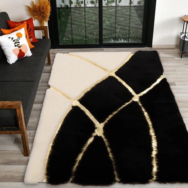 Geometric Plush Area White Black Gold Rug, Faux Leather Rug, Living Room Rug 8x10 Large Fluffy Rug, White Plush Rug, Shaggy Luxury Soft Rug