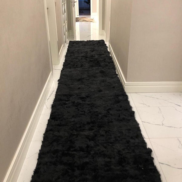 Sheepskin Runner Black Rug, Black Hallway Large Soft Rug, Black Kitchen Fluffy Rug, Shaggy Corridor Rug, Resistant Runner Rug Customize