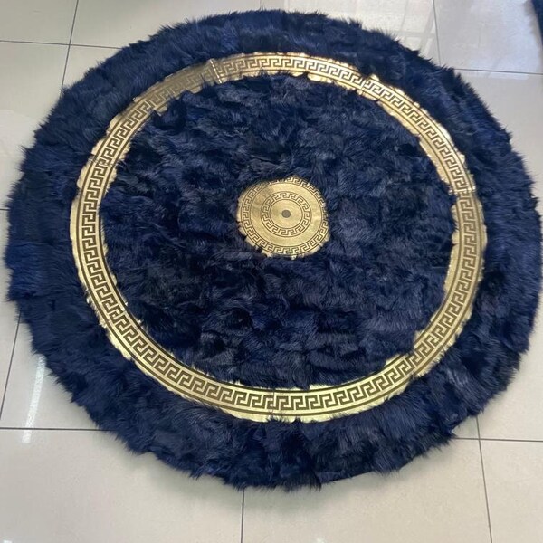 Round Real Sheepskin Navy Blue Gold Fluffy Rug, Modern Natural Fur Rug, Luxury Eco-Friendly Round Rug, 4x4ft Shaggy Circle Rug, Throw Rug