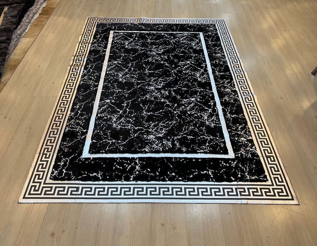 Luxury Plush Area Black Silver 6x8 Rug, Faux Leather Rug, Living Room ...