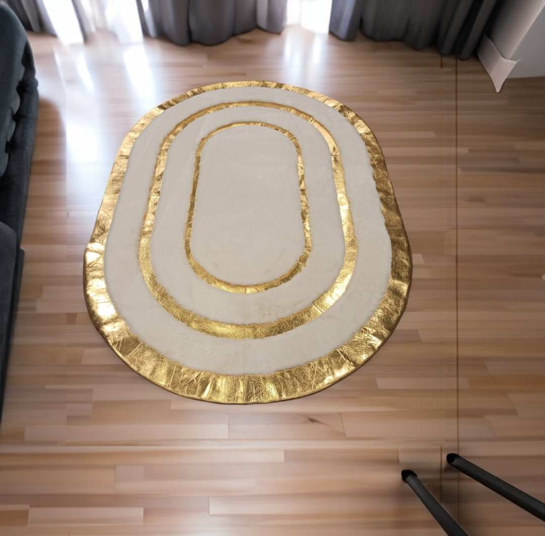Oval Geometric Plush Area White Gold Rug, Faux Leather Living Room Rug