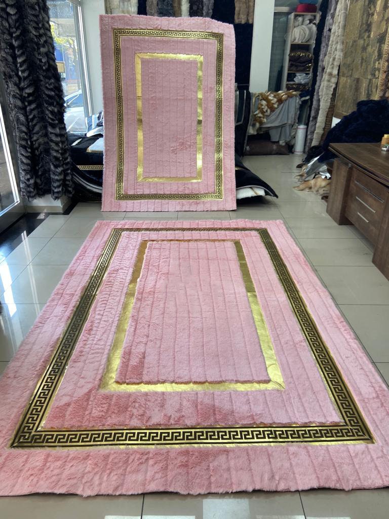 Pink Gold Plush Area Faux Leather Rug, Pink Large Rug, Living Room Rug