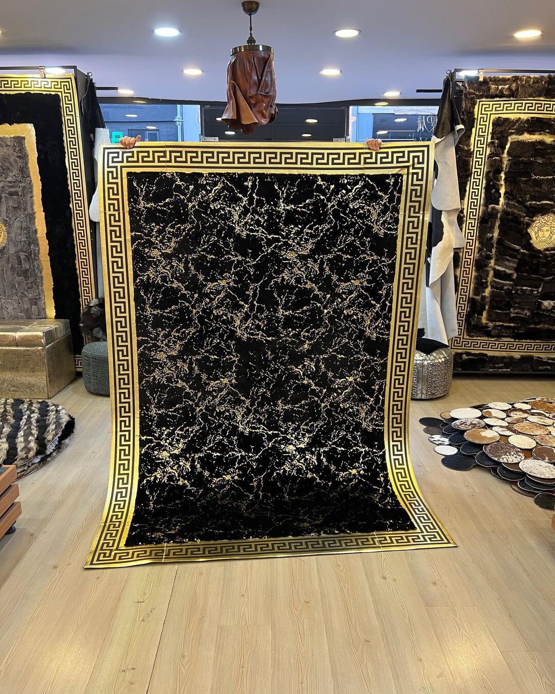 Plush Faux Leather Black Gold Area Rug, Black Faux Leather Rug, Black