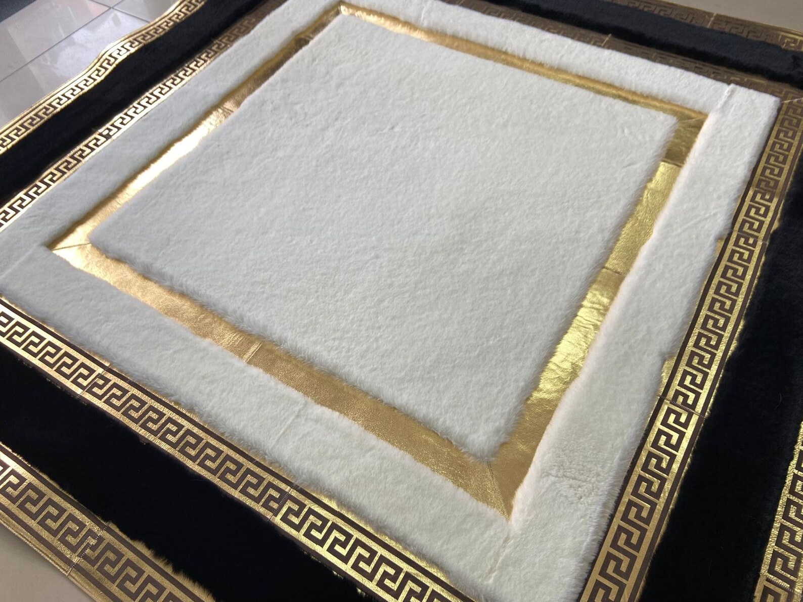 Plush Area White Black Gold Soft Rug Faux Leather Rug Living Etsy