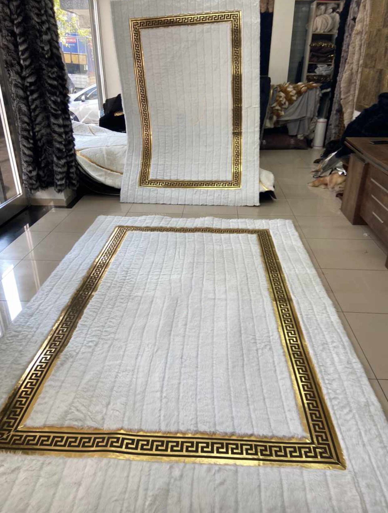 Pink Gold Plush Area Faux Leather Rug, Pink Large Rug, Living Room Rug