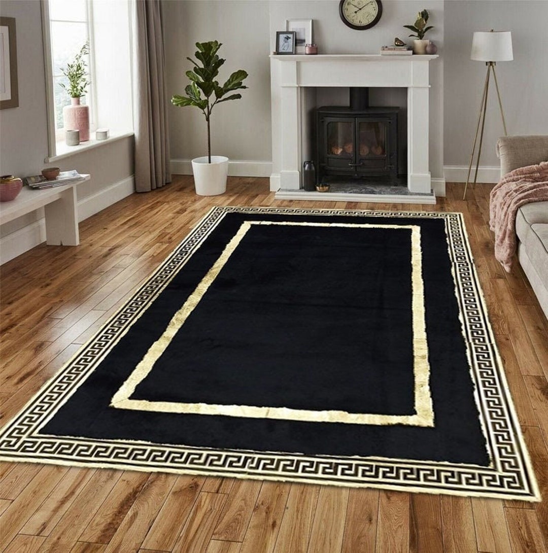 Black Gold Luxury Plush Rug, Faux Leather Area Rug, Black and Gold Carpet, Gold Plush Living