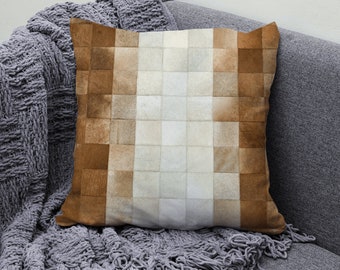 Oreiller de coussin marron en peau de vache patchwork, housse de coussin en cuir véritable véritable, oreiller carré 20x20, coussin de dispersion, oreiller décor marron en peau de vache