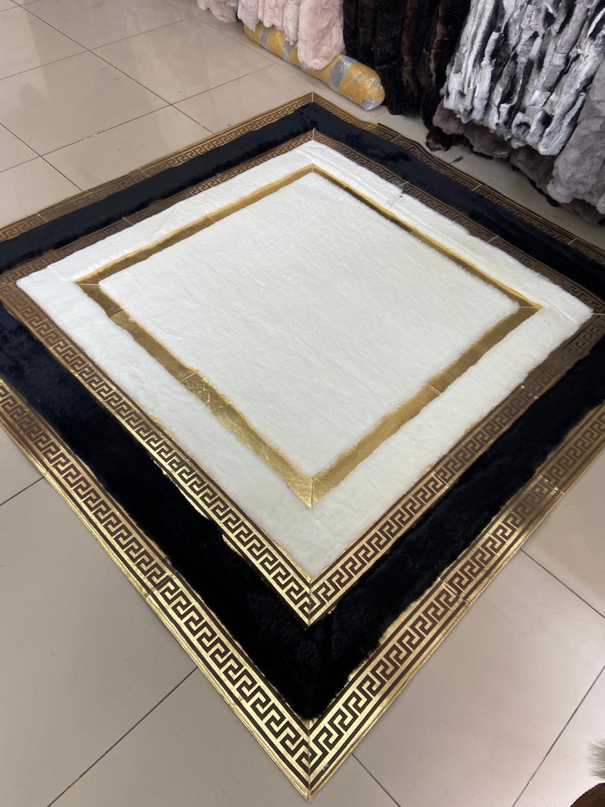 Plush Area Black White Gold Soft Rug Faux Leather Rug Living Etsy