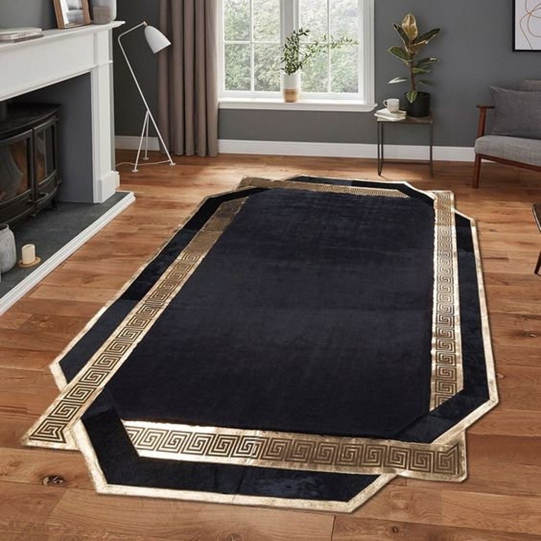 Black and Gold Plush Rug Black Faux Leather Area Rug Black Etsy