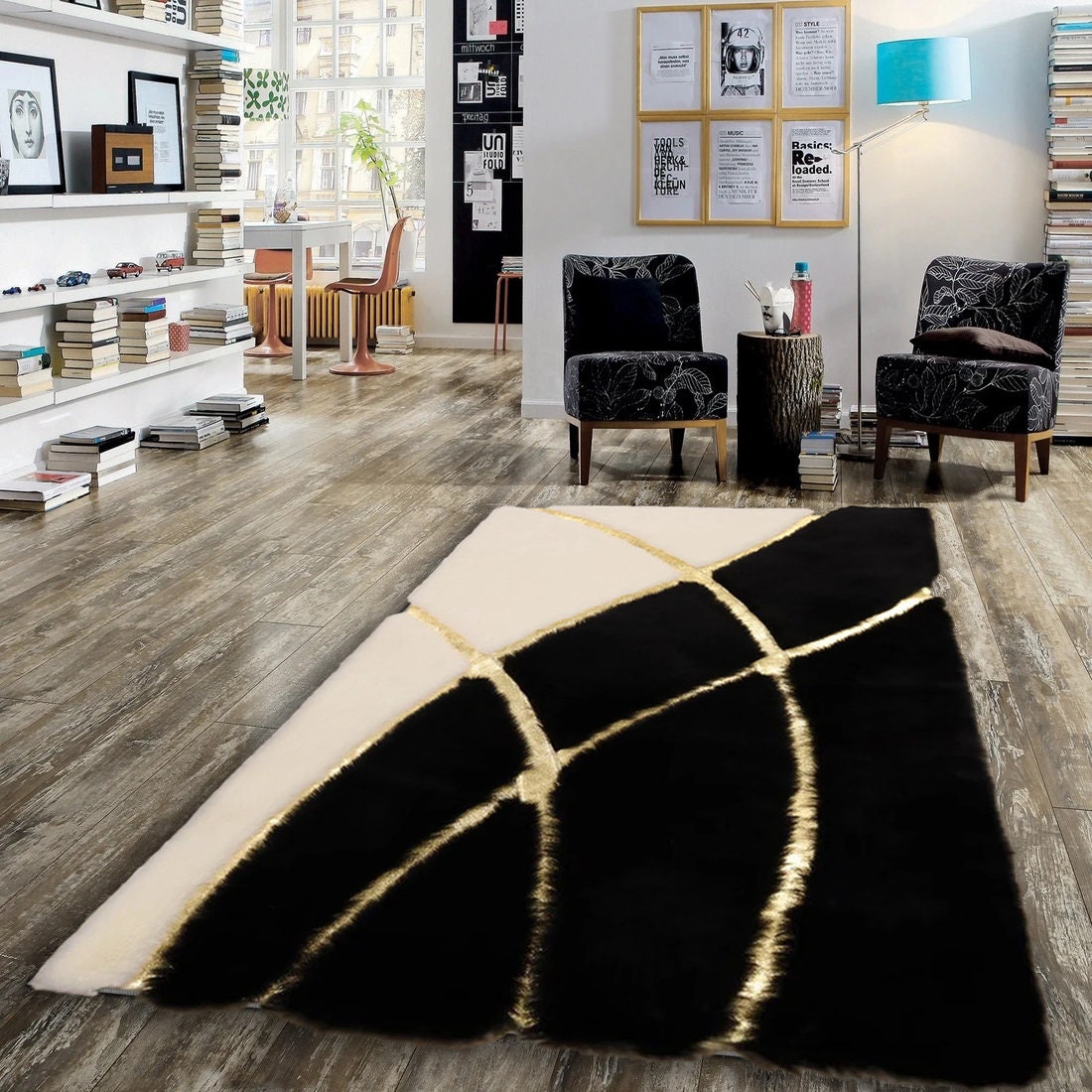 Geometric Plush Area White Black Gold Rug Faux Leather Rug Etsy