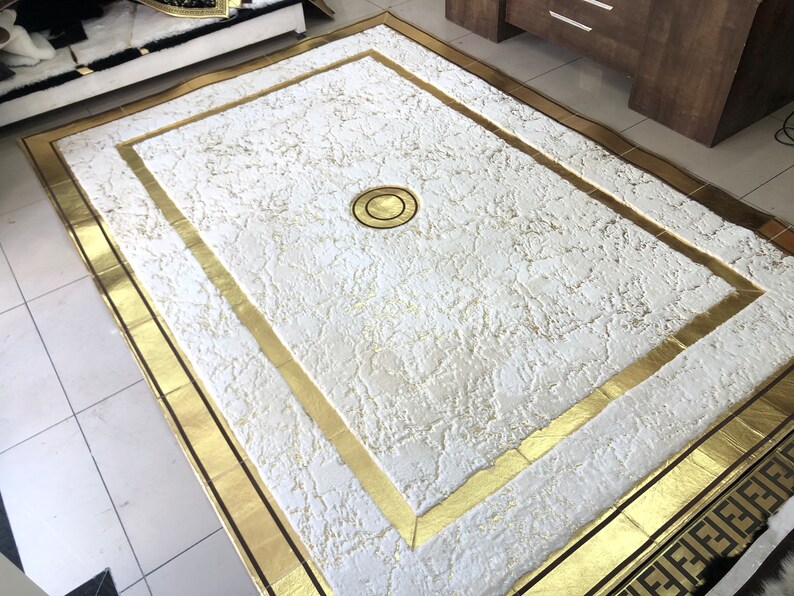 Geometric Plush Area White Gold Rug Faux Fur 8x10 Rug Living Etsy