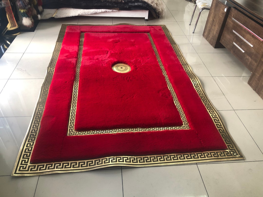 Geometric Plush Area Red Gold Rug, Faux Leather Rug, Living Room Rug