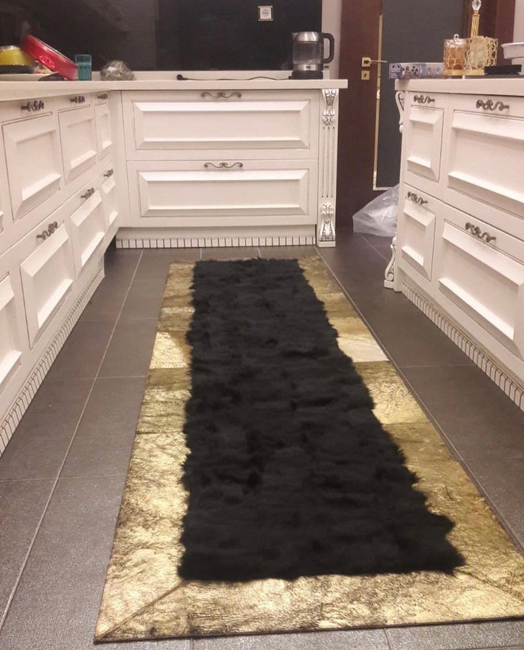 Luxury Black Gold Natural Sheepskin Hallway Runner Rug, Black Sheepskin ...
