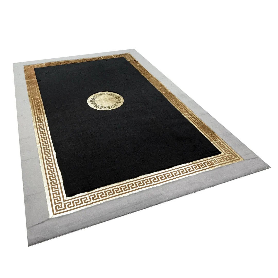 Plush Faux Leather Black Gold Area Rug, Black Faux Leather Rug, Black