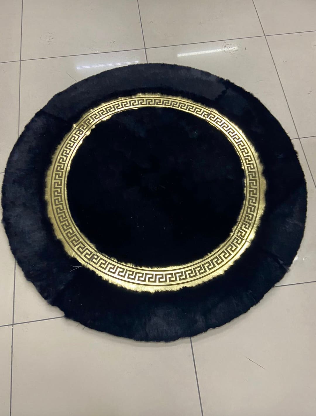 Round Plush Black Gold Fluffy Rug Modern Faux Fur Black Rug Etsy
