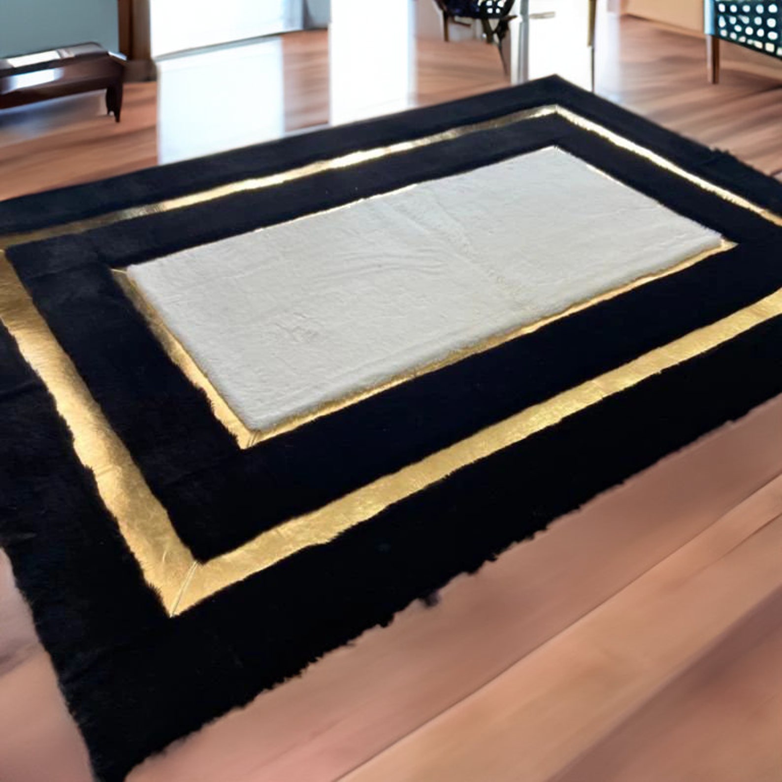Black Gold Plush Area Faux Leather Rug, White Large Living Room Rug