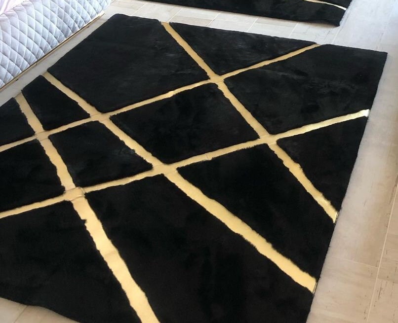 Black and Gold Plush Area Rug Black and Gold Soft Carpet Etsy