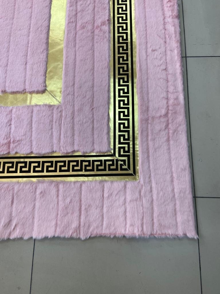 Pink Gold Plush Area Faux Leather Rug, Pink Large Rug, Living Room Rug