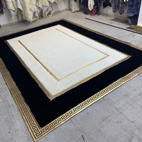 White and Gold Plush Soft Rug, Luxury Black Area Fluffy Rug, Black and Gold Shaggy Carpet, Gold Plush Living Room Rug, Faux Leather Rug
