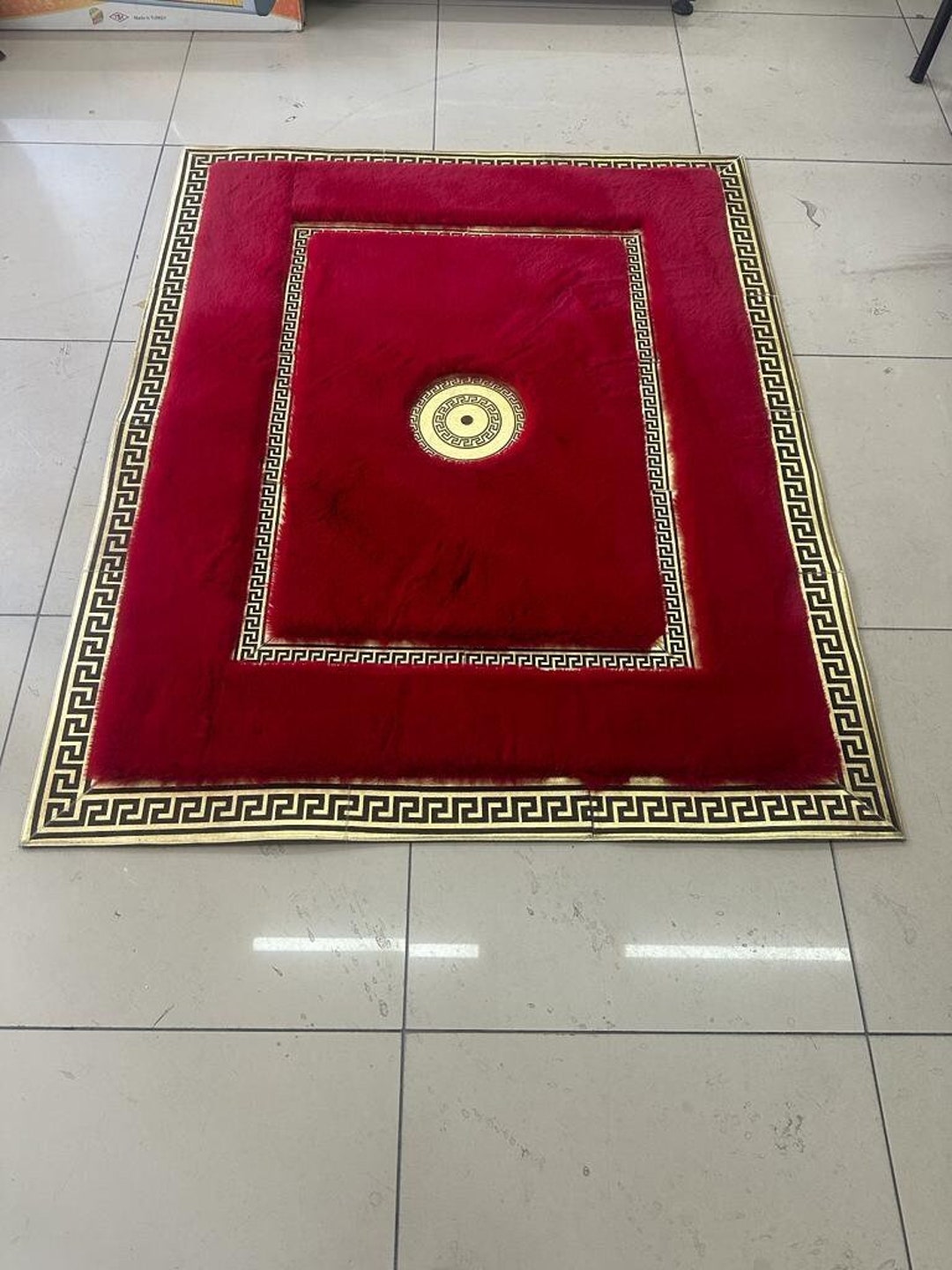 Geometric Plush Area Red Gold Faux Fur 5x7 Rug, Living Room Red Gold