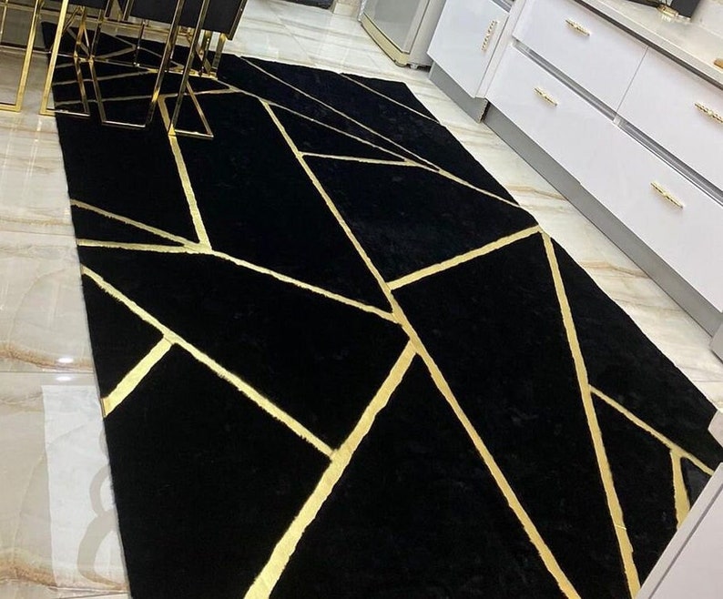 Plush Faux Leather Black Gold Kitchen Rug Black Faux Leather Etsy