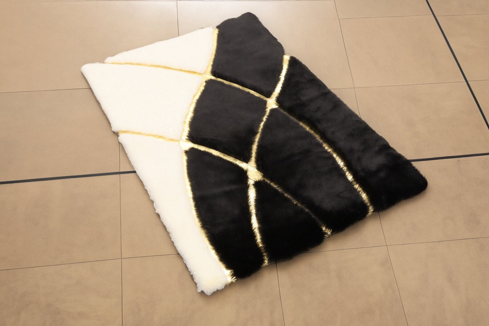 Geometric Plush Area White Black Gold Rug Faux Leather Rug Etsy