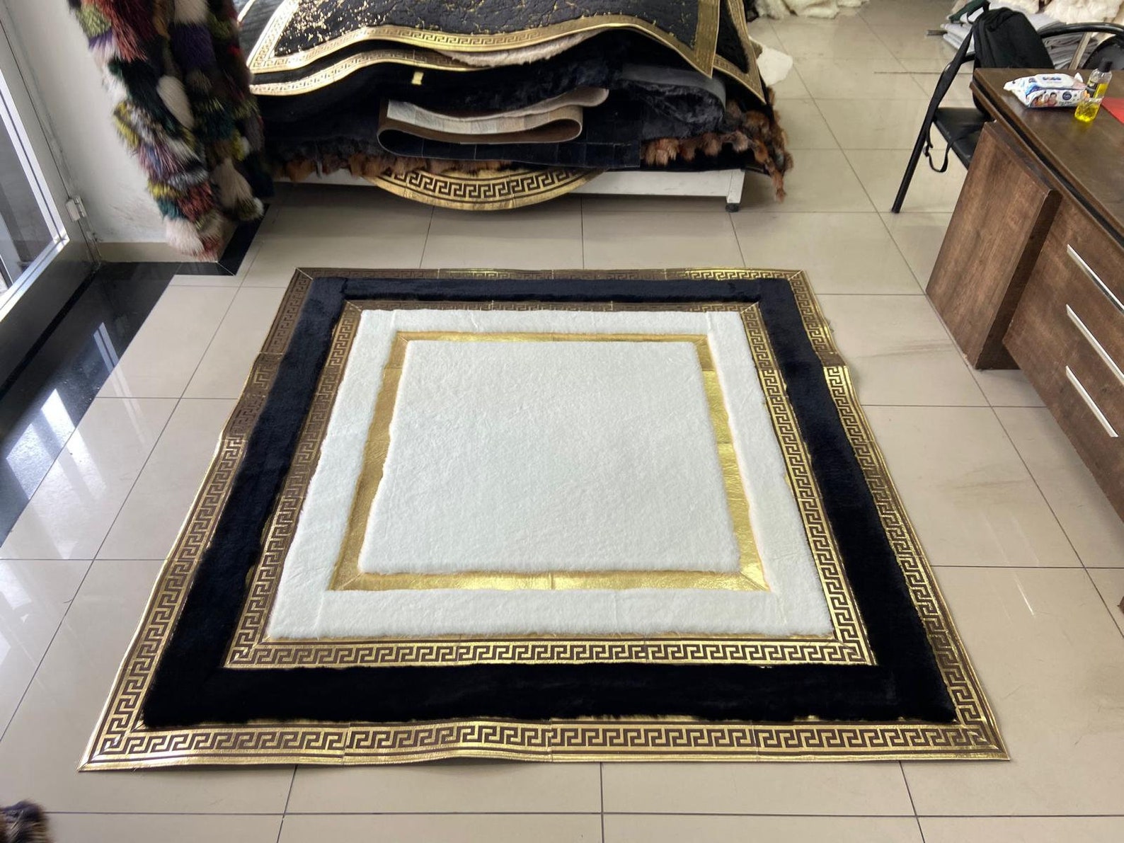 Plush Area White Black Gold Soft Rug Faux Leather Rug Living Etsy