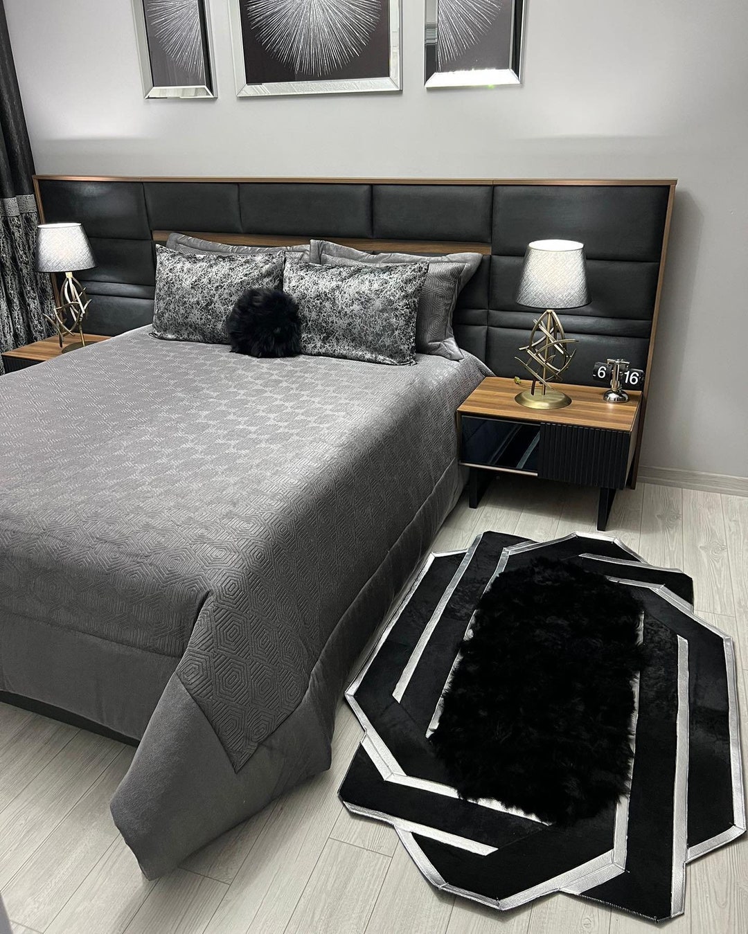 Sheepskin Black Silver Bedroom Rug, Black Hallway Large Soft Rug, Black