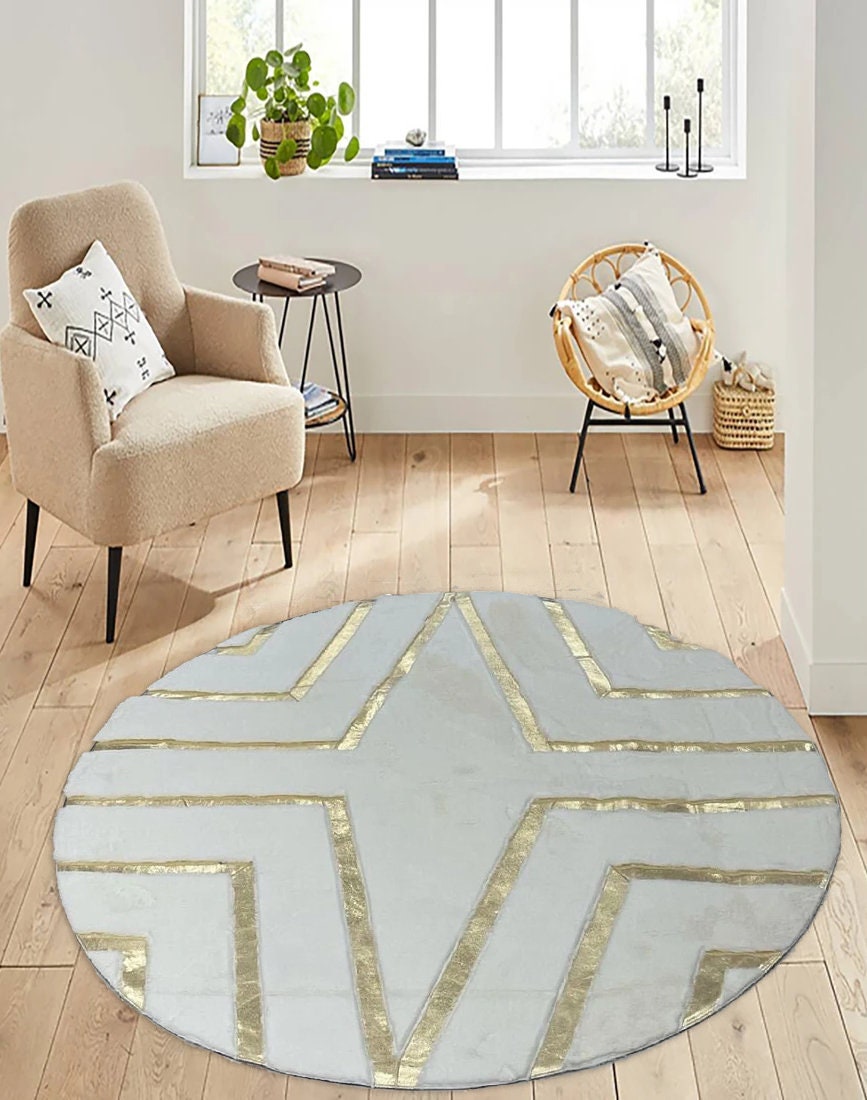 Round Plush White Gold Fluffy Rug Modern Faux Fur White Rug Etsy