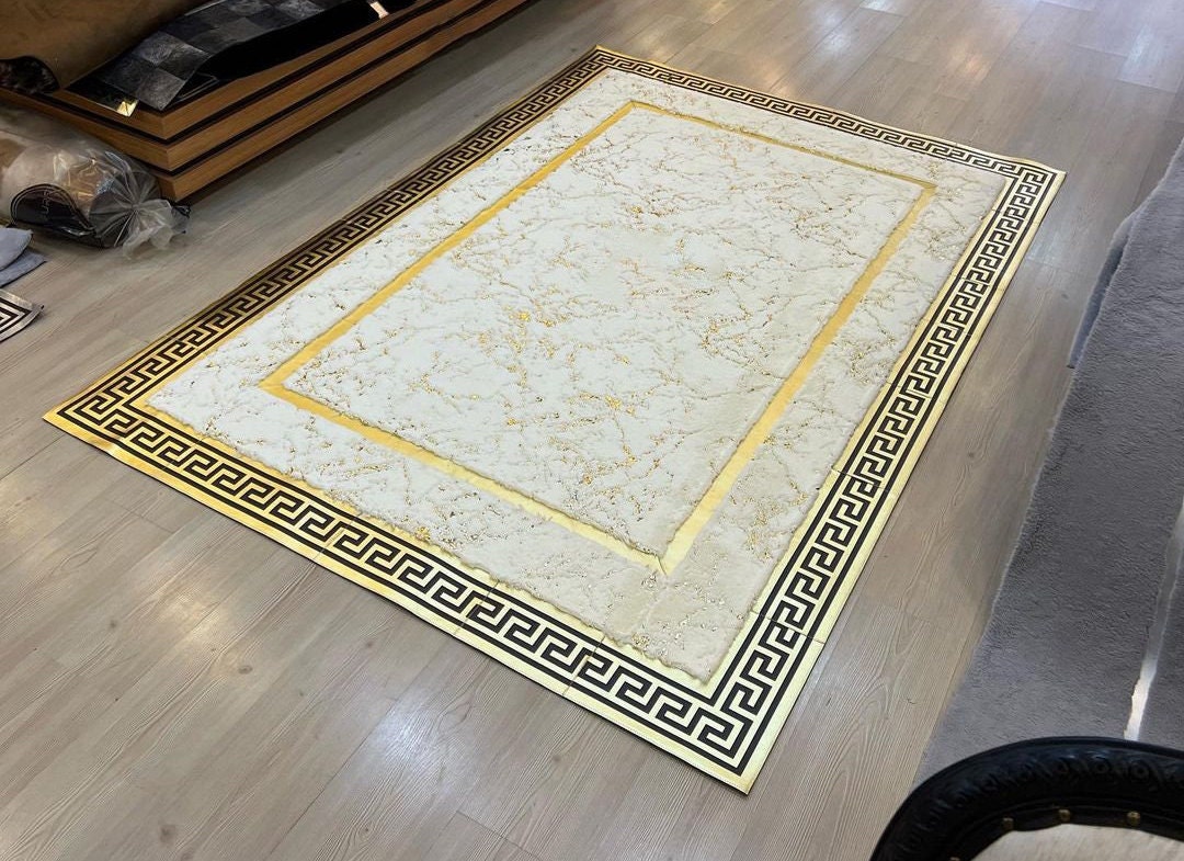 Luxury White and Gold Plush Rug, White Faux Leather Area Rug, White