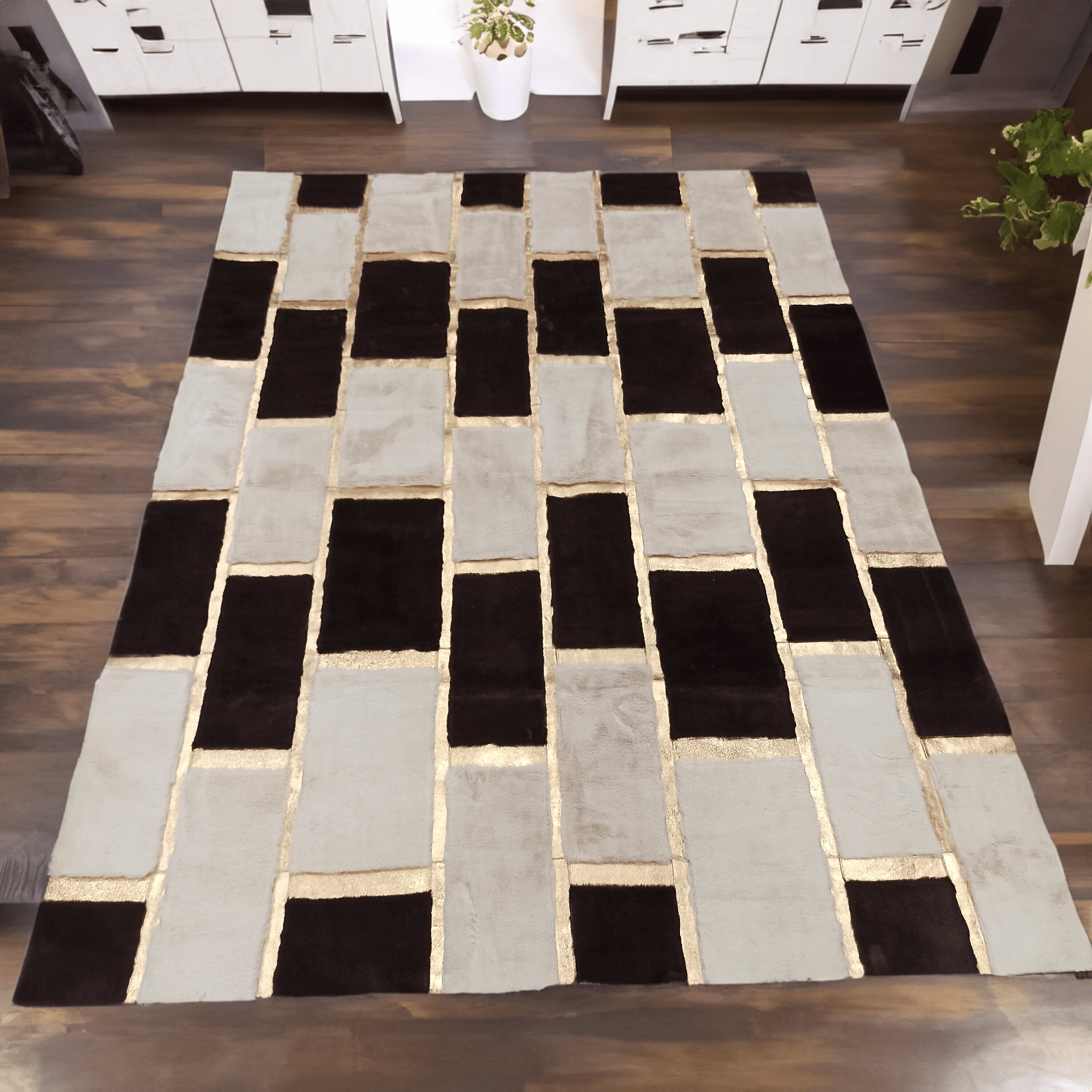 Soft Plush Luxury 8x10 Rug, White Black Gold Faux Leather Unique Rug