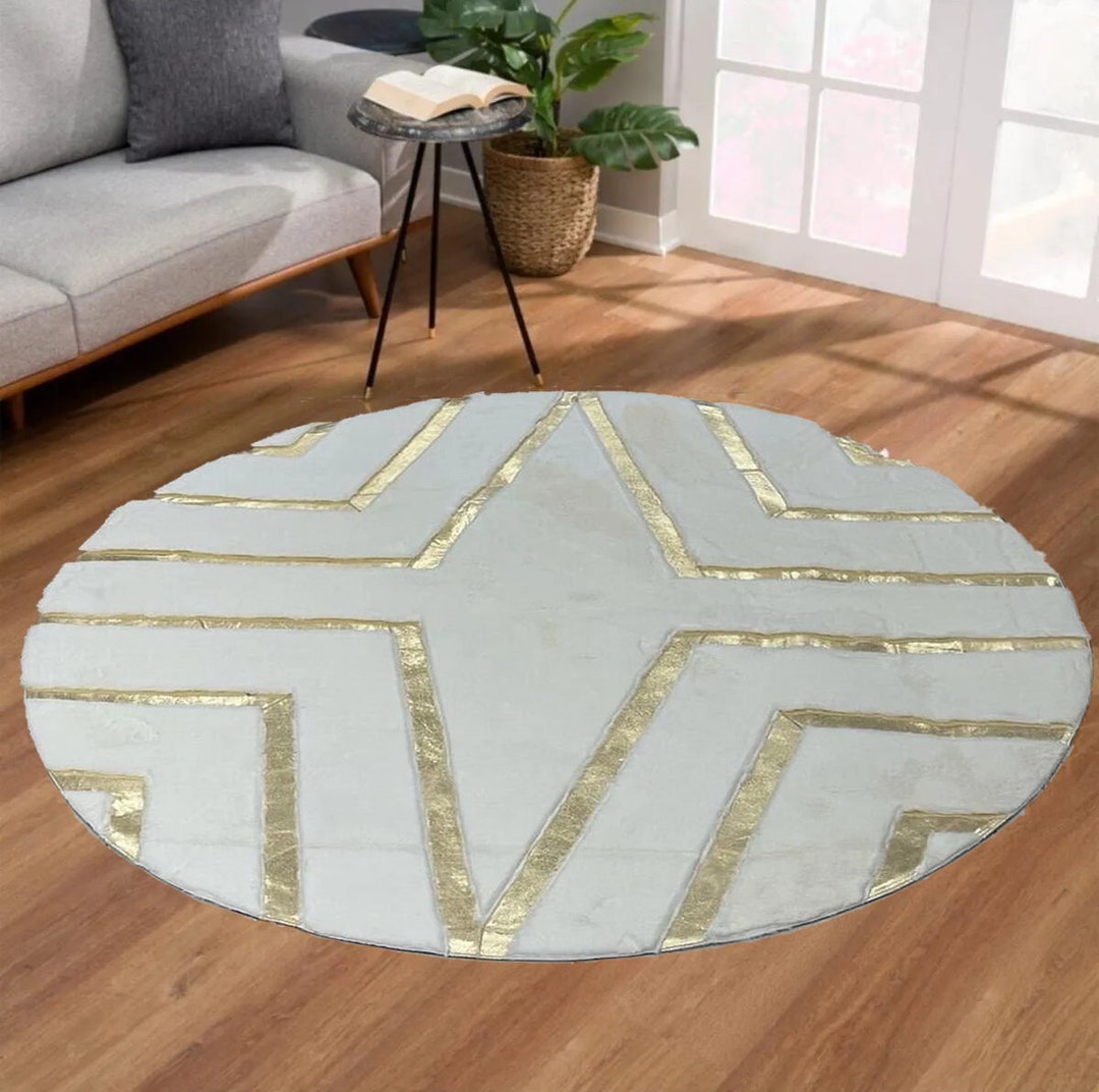 Round Plush White Gold Fluffy Rug Modern Faux Fur White Rug Etsy