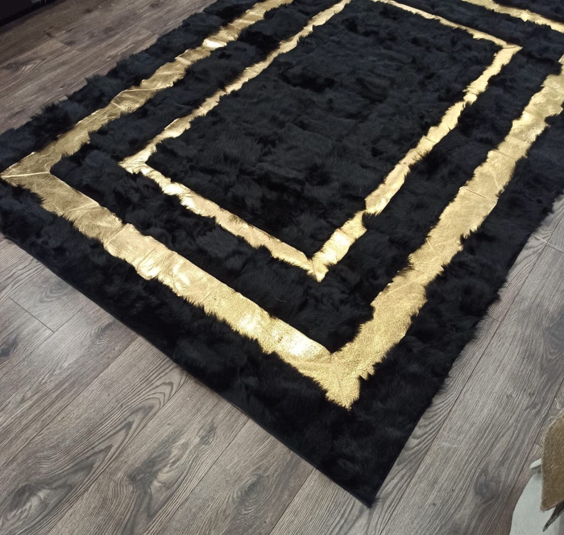 Luxury Large Black Gold Wool Living Room Rug 6X8 Sheepskin Etsy