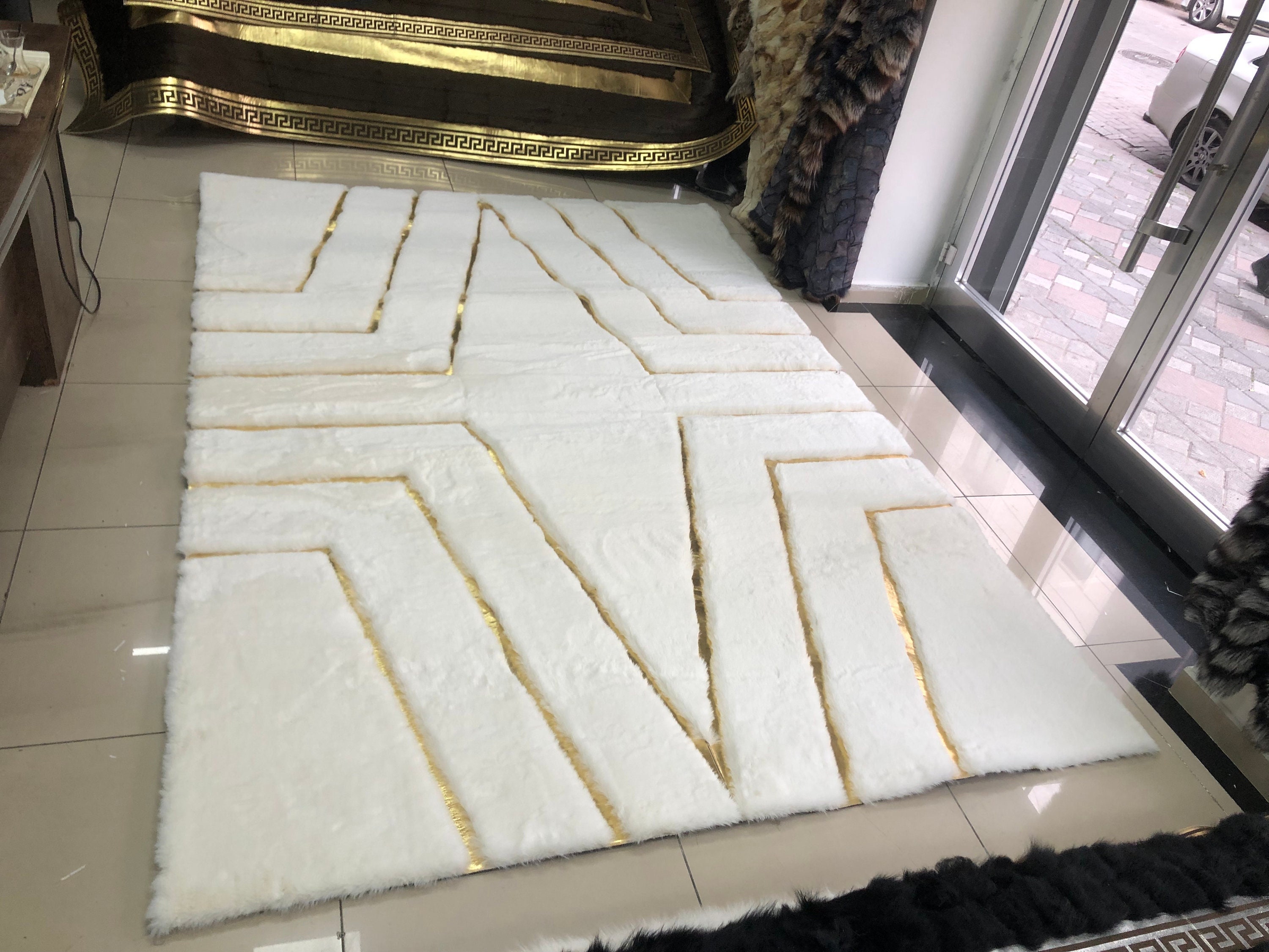 White and Gold Plush Rug White Faux Leather Area Rug White Etsy